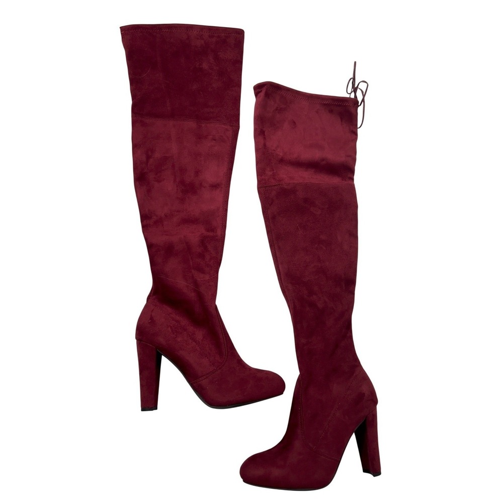 Burgundy Faux Suede Over The Knee Block Heel Boots Pointed Toe Wine Red Size 7